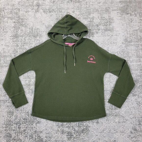 Juicy Couture Hoodie Women Medium Green Waffle Knit Thermal Sweatshirt Sport - Picture 1 of 8
